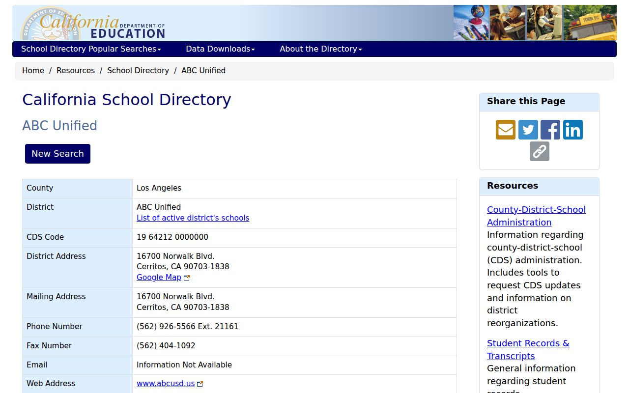 Cerritos people directories California Department of Education ABC Unified profile