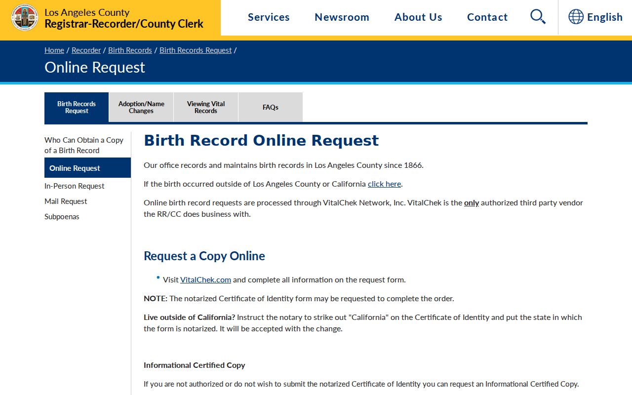 Cerritos public records LA County birth certificate request