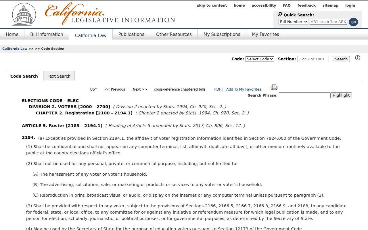 Cerritos voter registration records Elections Code section 2194